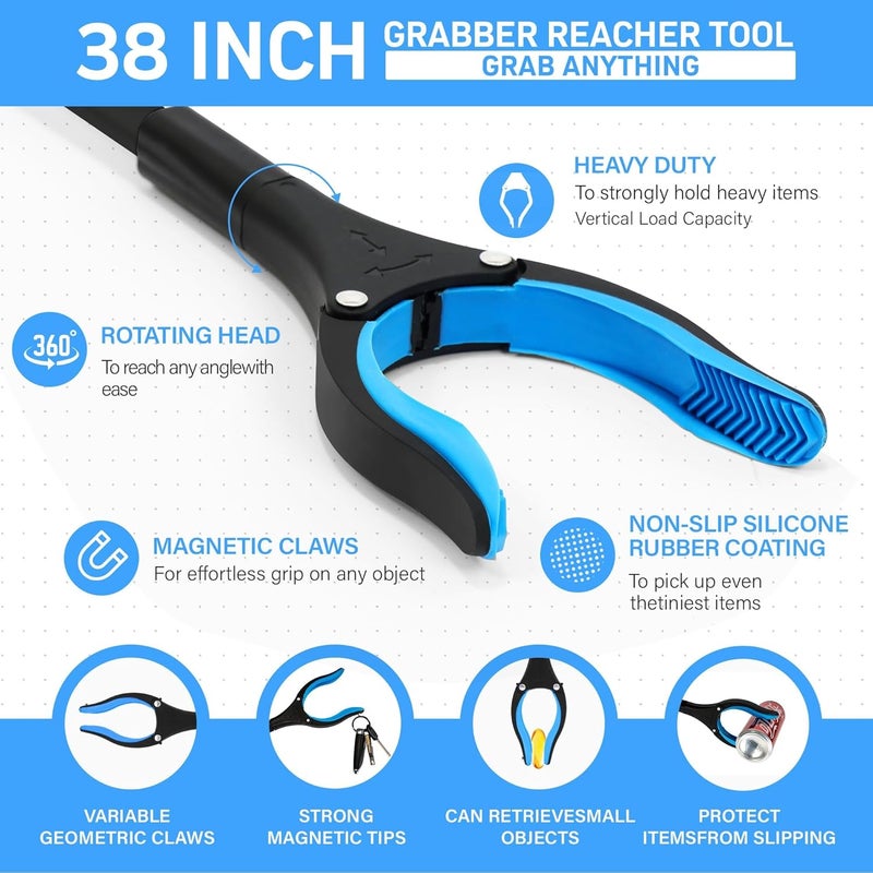 GrabRunner 38" Extra Long Grabber Reacher Tool – 2 Pack Foldable Reacher Grabber Pickup Tools with 360° Rotating Jaw & Magnet - Heavy Duty Pick Up Grabbers for Seniors, Trash, Surgery Recovery (Blue Blue) - Image 3
